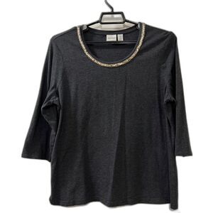 Zenergy By Chicos Gray 3/4 Sleeve Scoop Neck Top With Gold Bead Accent Size 3